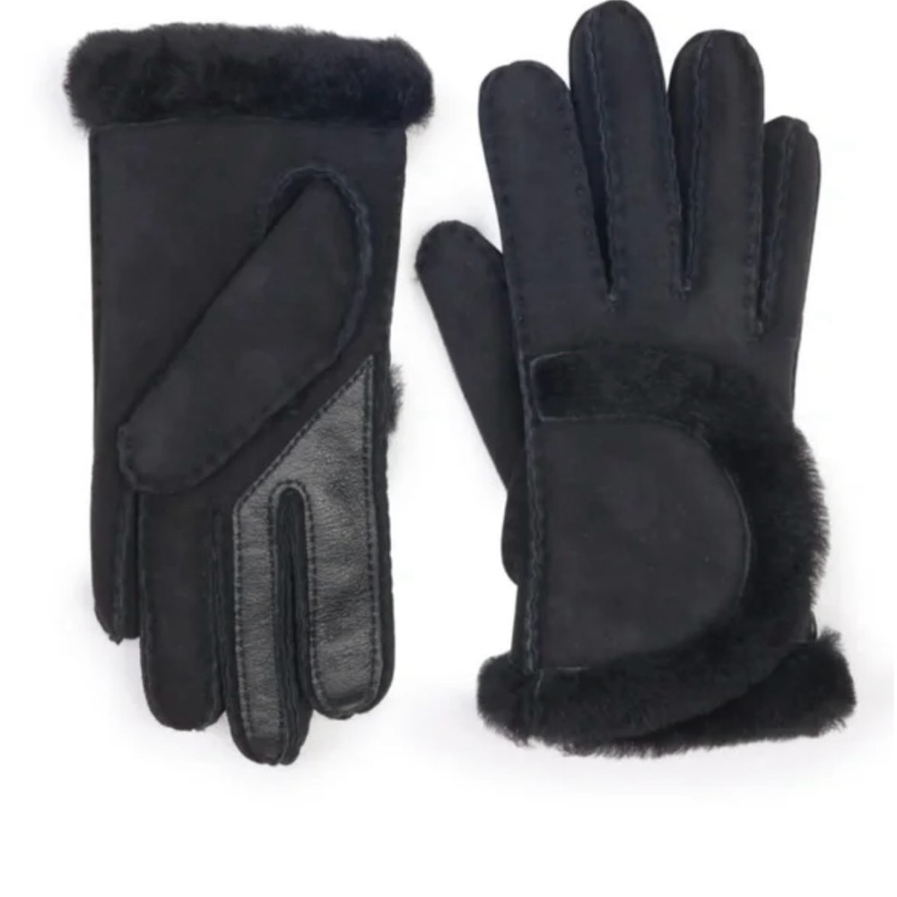 UGG Genuine Leather & Suede Exposed Seam Black Shearling Lined Gloves Medium